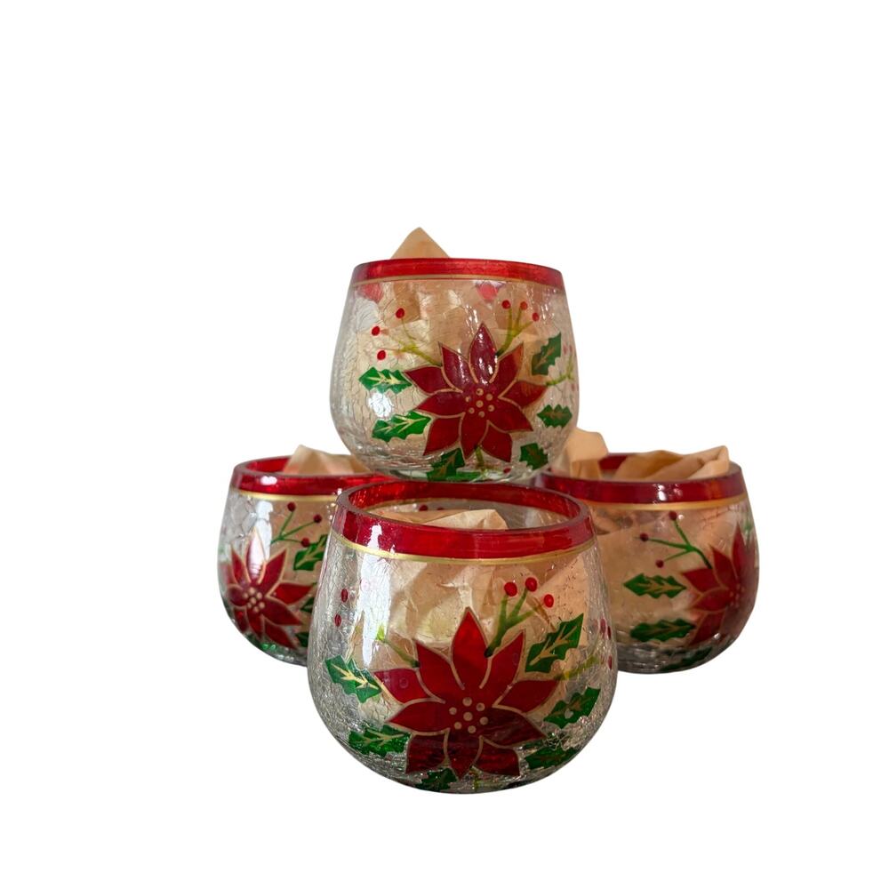 Vintage Crackle Glass Votive Candle Holders Hand Painted Red Poinsettias Set 4